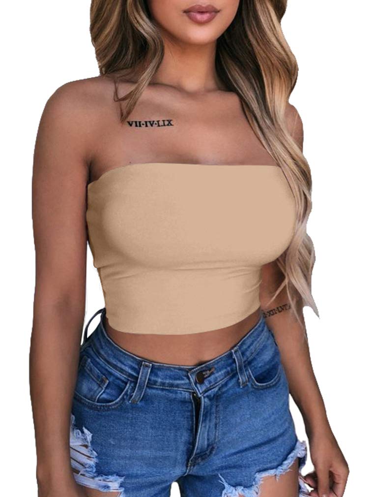 LAGSHIAN Women's Sexy Crop Top Sleeveless Stretchy Solid Strapless Tube Top Camel - Image 1